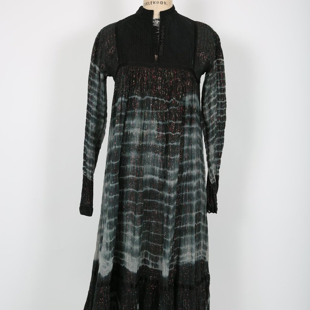 Vintage 70s Bohemian Dress Black Tie Dye Cotton with Rainbow Metallic Thread